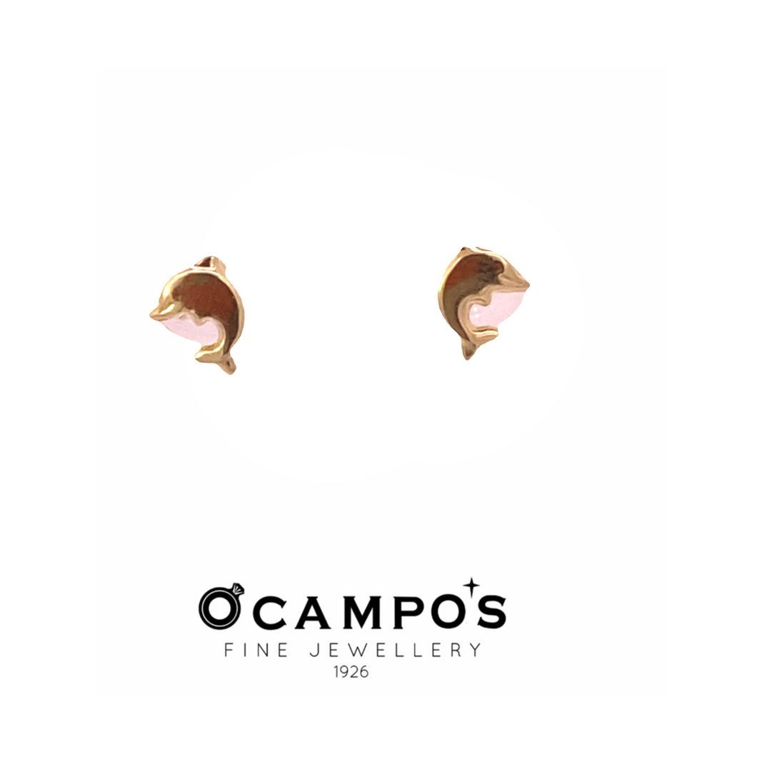 OCAMPOS FINE JEWELLERY JADE EARRINGS 14K YELLOW GOLD STUD DOLPHIN DESIGN