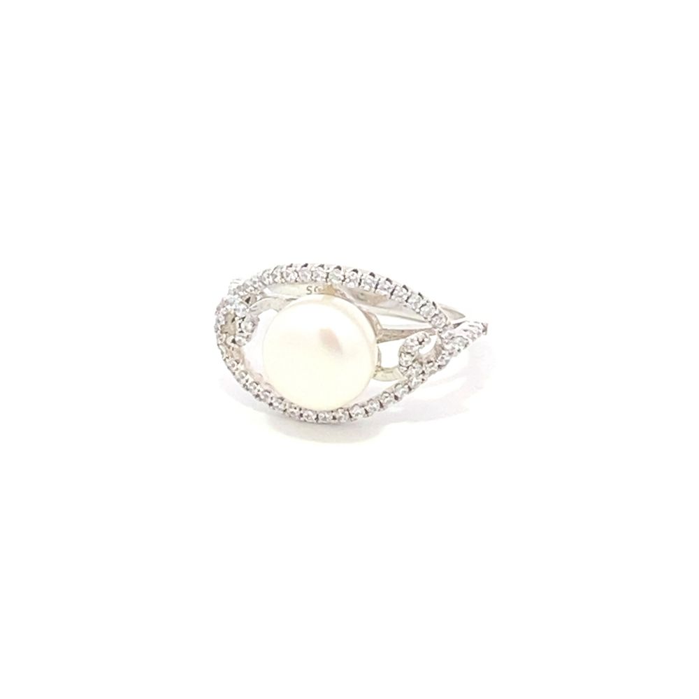 R60996 PEARL W/CZ OVAL SWIRL RING 3.7G