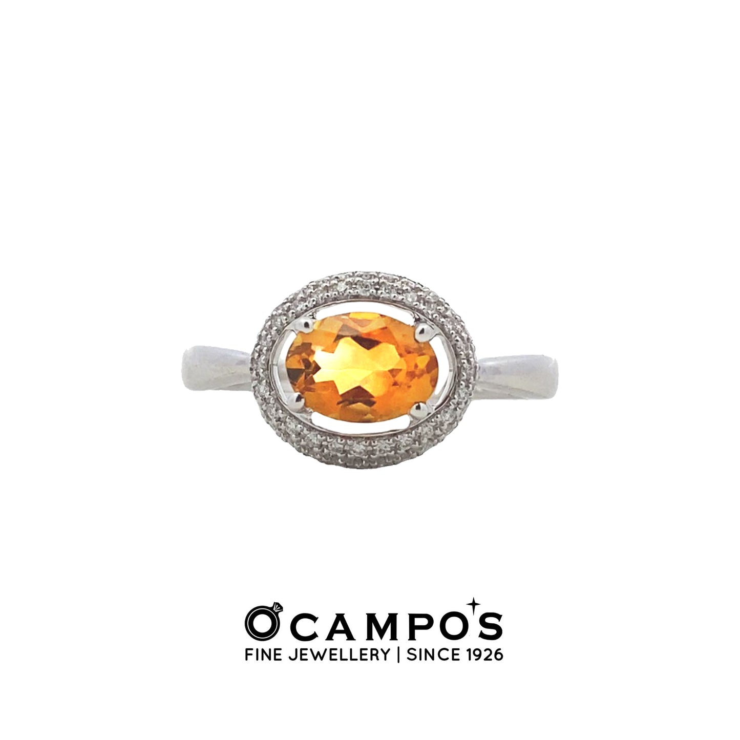 AURA RING OVAL CITRINE W/HALO DIAMOND  18KARAT WHITE GOLD