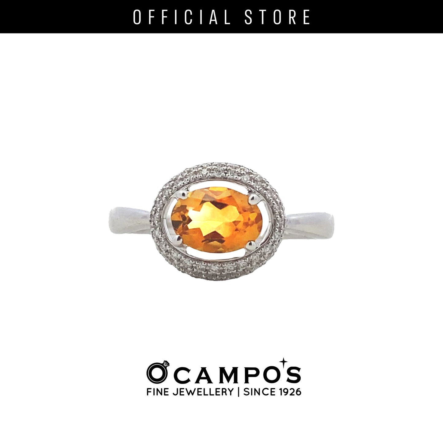 AURA RING OVAL CITRINE W/HALO DIAMOND  18KARAT WHITE GOLD