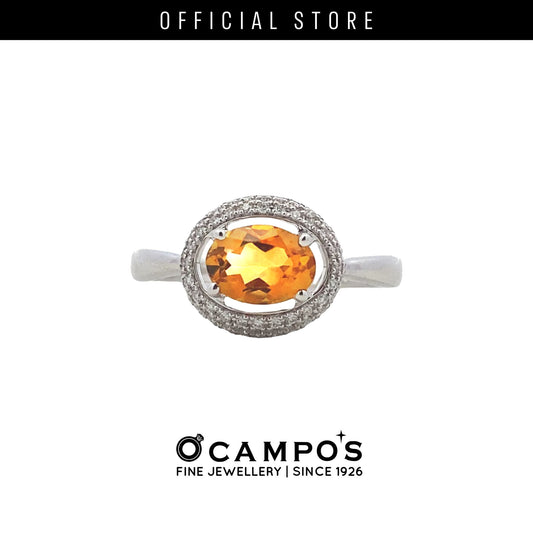 AURA RING OVAL CITRINE W/HALO DIAMOND  18KARAT WHITE GOLD